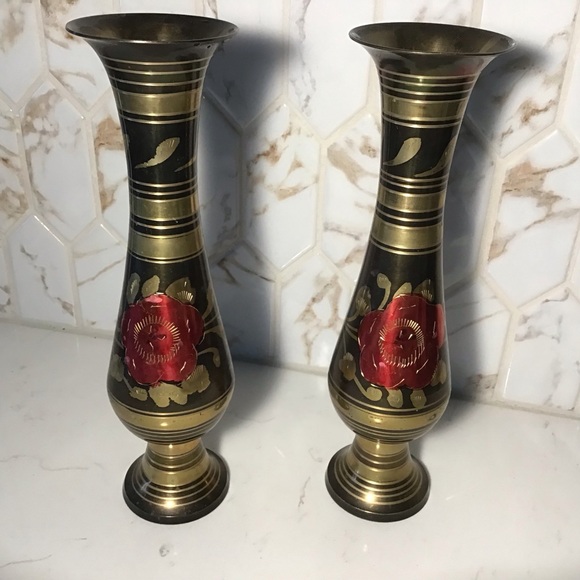 Vintage Made in India Brass Combo Vase / Reversible Candlestick – 10" Floral - Picture 5 of 8